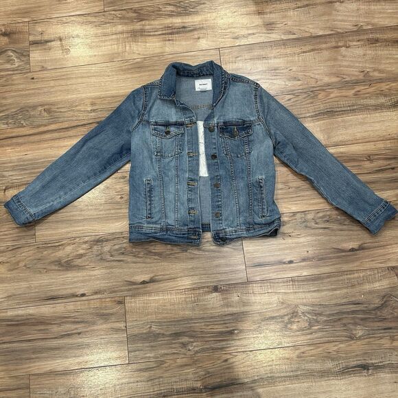 Old Navy Denim Jacket Womens Medium Button Pockets Button Up Close Mandala - Picture 1 of 9